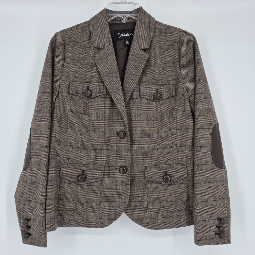 Relativity Women's Brown Plaid Blazer‎ Wool Blend Elbow Patches Sz 10P